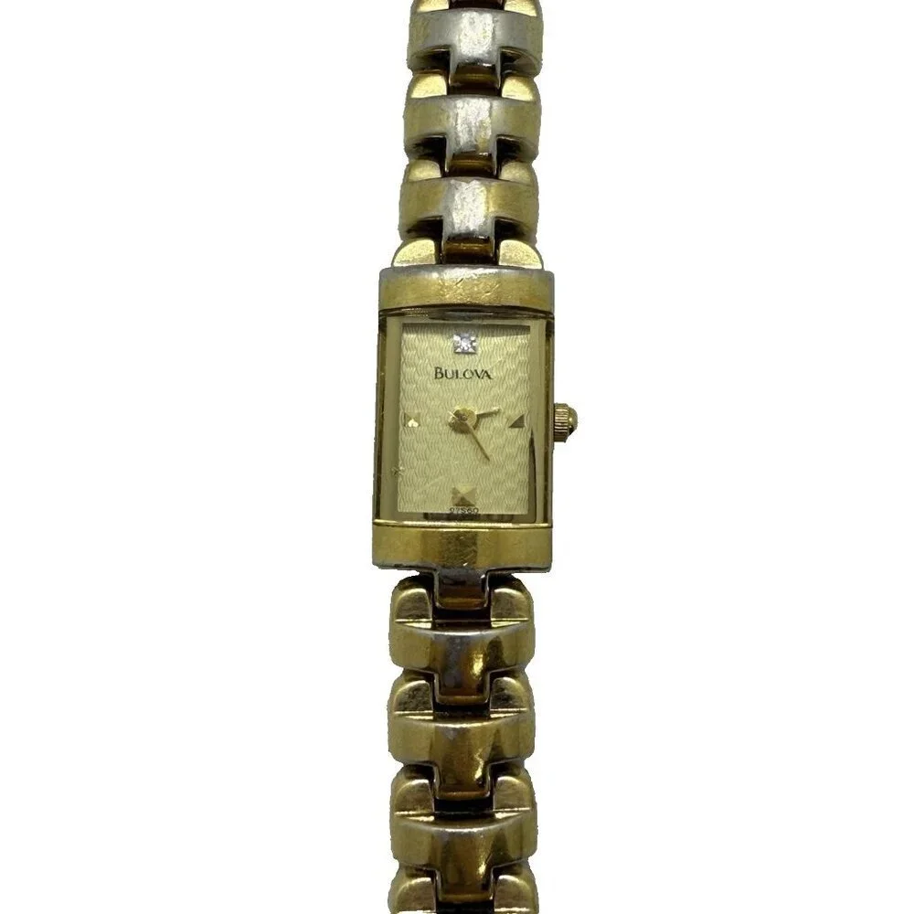 Bulova Quartz A1 Women's Watch Gold Tone Face Case Bracelet Rectangle 97S60